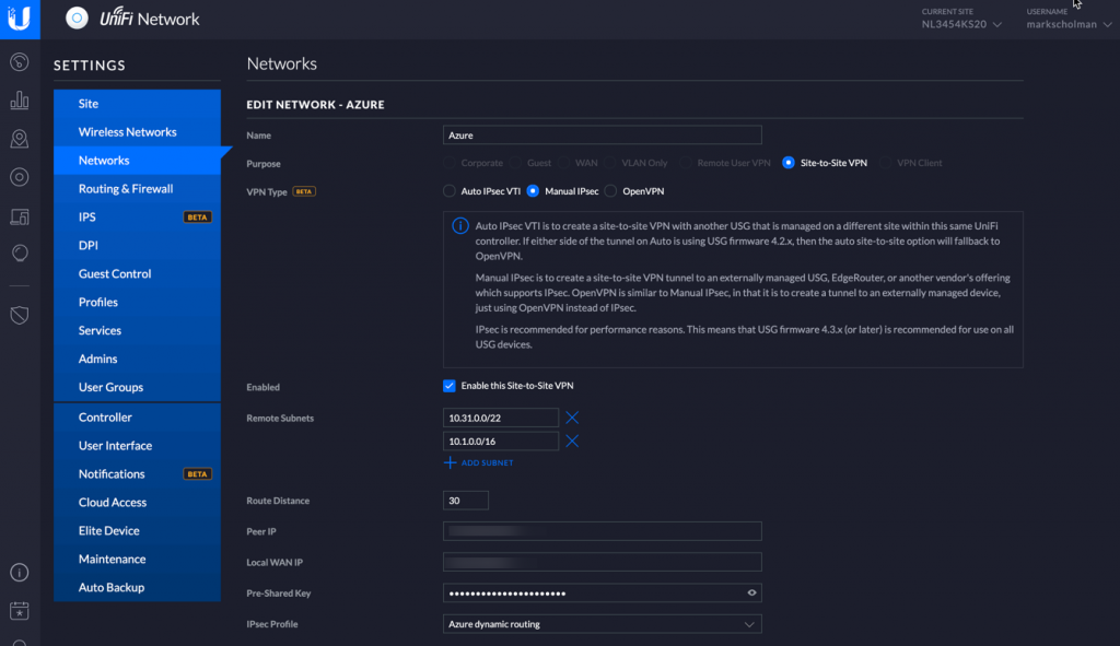 Connect Unifi Security Gateway To Azure Using Site To Site Vpn Mark Scholman